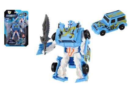 Transformer auto/robot plast 14cm modrý na kartě 17x26x6cm