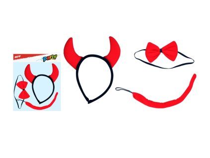 Rohy čertovské čelenka + čertovský ocas s motýlkem na kartě 23x23cm karneval