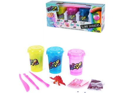 Slime Play výroba slizu kreativní set 3 kelímky se třpytkami a dino figurkou