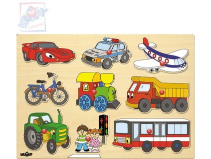 WOODY DŘEVO Baby puzzle vkládací Dopravní prostředky na desce 9 dílků