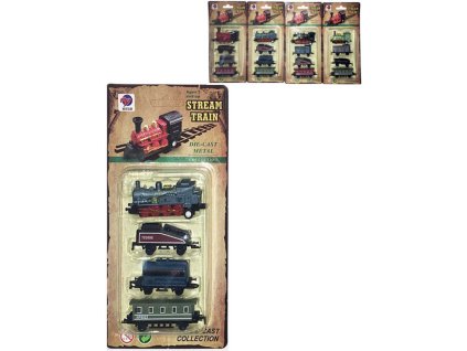 Vlak kovový mini historický set mašinka + 3 vagónky zpětný nátah 4 druhy na kartě