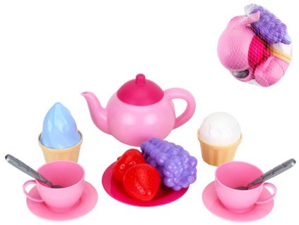 Čajová dětská souprava nádobí holčičí s dezerty 15ks plast v síťce