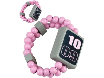 DETOA DŘEVO Hodinky růžové náramkové oboustranné náramek s korálky