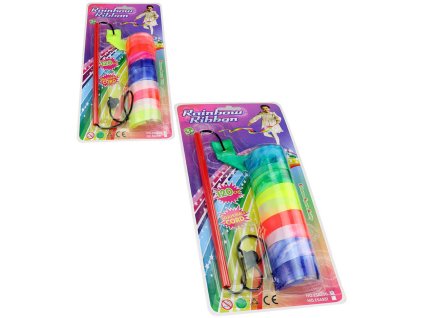 Stuha dětská gymnastická duhová 120cm s hůlkou na kartě 3 barvy