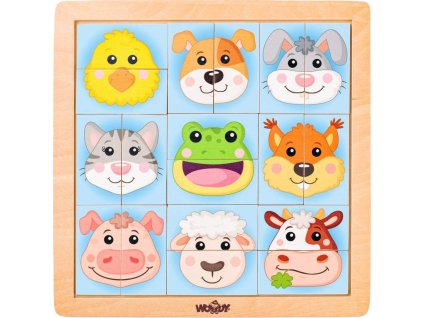 WOODY DŘEVO Zvířecí hlavičky domáci baby skládačka na desce 18 dílků