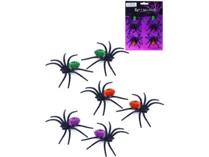 Zvířátko pavouk černý 7cm s barevnými třpytkami set 6ks Halloween