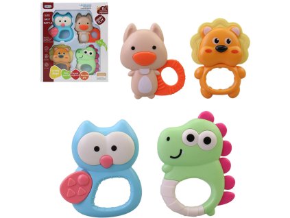 Chrastítko plastové baby zvířátko set 4ks pro miminko v krabici