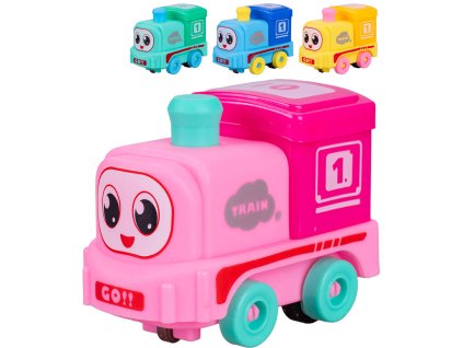 Vláček baby mašinka s očima na baterie na setrvačník Světlo 4 barvy