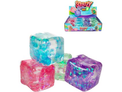 Kostka antistresová 6cm mačkací sliz se třpytkami 4 barvy