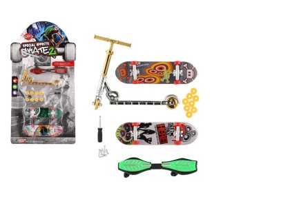 Sada skateboard šroubovací, koloběžka prstová, waveboard plast s doplňky mix druhů na kartě 16x30cm