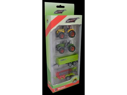 FARM SERVICE - Set zemědělských strojů: 2x traktor, valnik, postřikovač 1:64