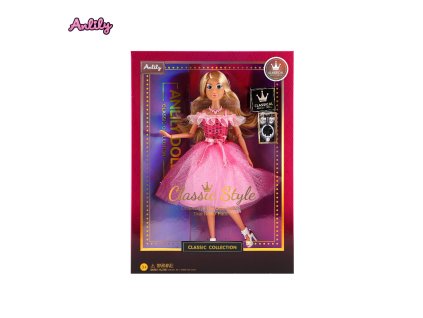 Módní panenka ve společenských šatech - krátké tm. růžové