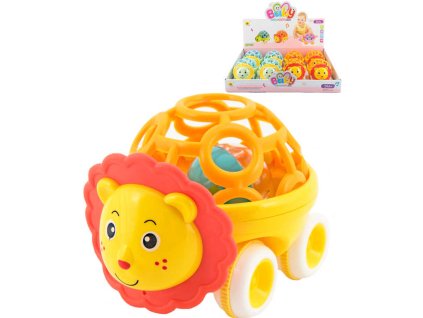 Chrastítko autíčko zvířátko lev 14cm volný chod plast pro miminko 2 druhy