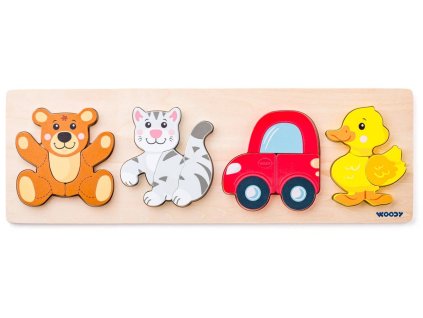 WOODY DŘEVO Baby vkládací puzzle skládačka 4 motivy 4v1 na desce