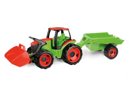 Traktor s lyžicou a s vozíkom, červeno zelený
