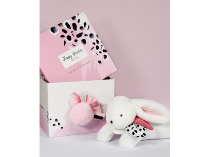 Doudou Dárková sada - Plyšový králíček s růžovou bambulkou 25 cm