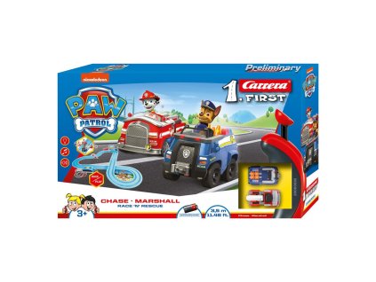 Autodráha Carrera First Paw Patrol/Tlapková Patrola 3,5m plast +2 auta na bat. v krabici 50x30x8cm