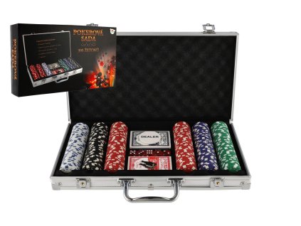 Poker sada 300ks + karty + kostky v hliníkovém kufříku v krabici 40x24x8cm