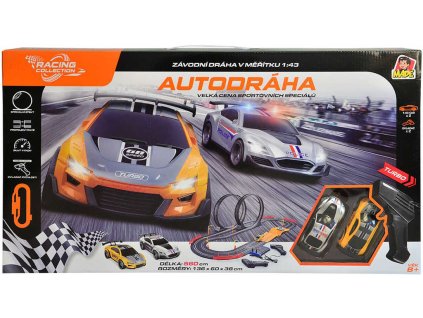 Autodráha Policejní honička 5,6m 2 auta s můstkem a loopingy na trafo na baterie