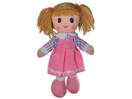 Panenka látková 30 cm tmavě růžové šatičky s modrými rukávy