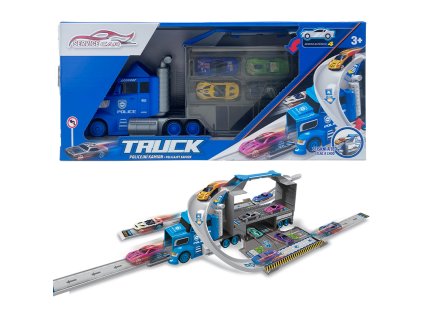 Policejní kamion se 4 auty a dopravními značkami