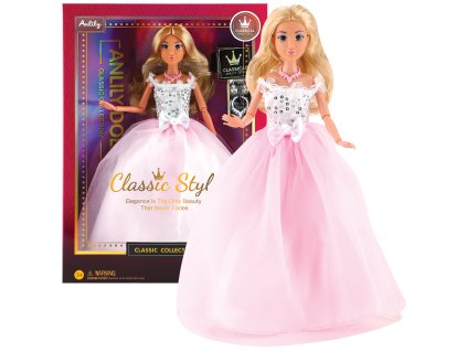 Módní panenka ve společenských šatech - dlouhé růžovobílé