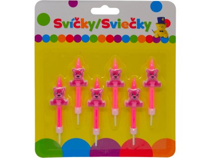 Narozeninová svíčka s růžovým MEDVÍDKEM a držákem 6ks