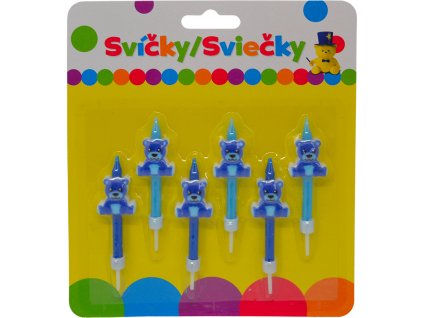 Narozeninová svíčka s modrým MEDVÍDKEM a držákem 6ks