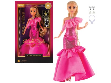 Módní panenka ve společenských šatech - tmavě růžové šaty