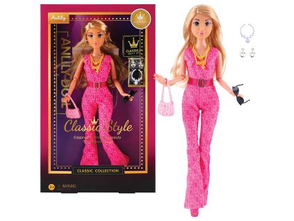 Módní panenka s růžovými károvanými šaty