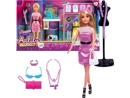 Módní návrhářka s šicím strojem a 25 doplňky