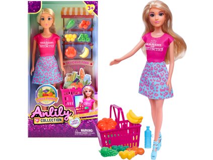 Panenka s nákupním košíkem a prodejnou ovoce a zeleniny