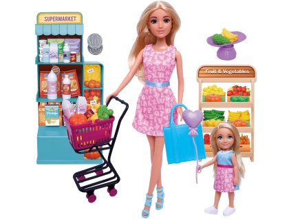 Set panenky a holčičky s nákupním vozíkem v supermarketu