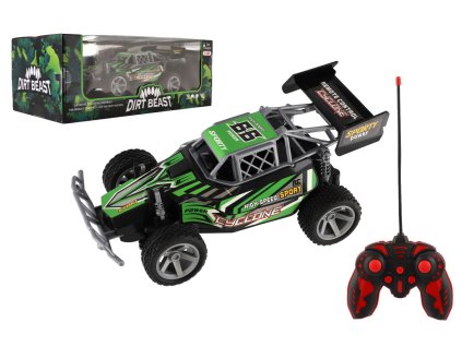 Auto RC Buggy rychlostní plast 23cm 27MHz na baterie zelené v krabici 35x13,5x18cm