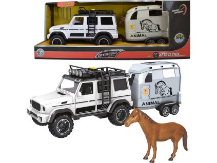 CITY SERVICE CAR - 1:14 - Terénní vozidlo s přívěsem a koněm (se zvukem a světly)