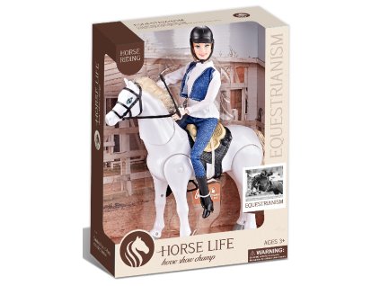 Jezdecký bílý kůň na baterie se zvuky + jezdkyně
