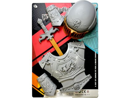 Rytířská sada se stříbrným mečem, zbrojí a helmou