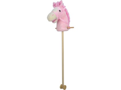Růžový kůň na tyči 95 cm, se zvukem koně. S kolečky, odnímatelná dřevěná tyč