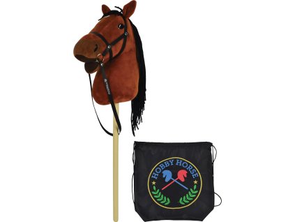 Hnědý kůň na tyči 73 cm, s černým batohem, se zvukem koně