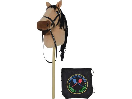 Béžový kůň na tyči 73 cm, s černým batohem, se zvukem koně