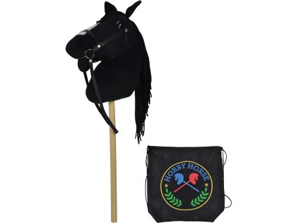 Černý kůň na tyči 73 cm, s černým batohem, se zvukem koně