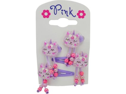 Vlasové doplňky Jednorožec Kočka - sada 4 ks (2 sponky, 2 gumičky)