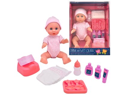 Dolls World - Miminko Olivia 38 cm pije a čůrá se zavíracími očima a příslušenstvím