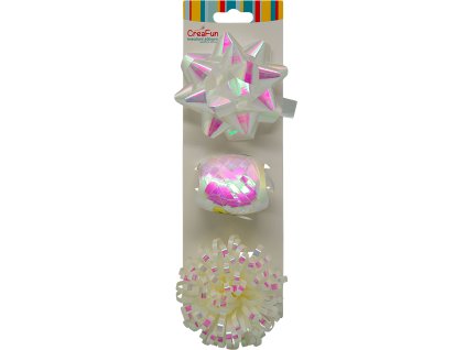 Dárková sada bílá duhově lesklá, 3 ks (stuha 10 m + 2 mašle)