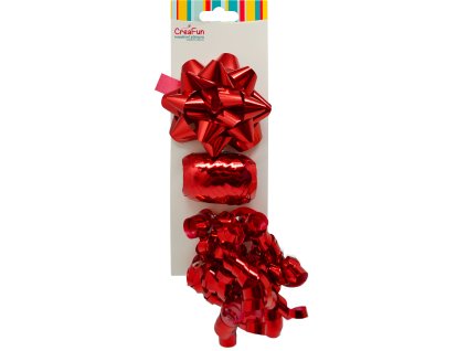 Dárková sada metalická červená, 3 ks (mašle 9 cm, stuha 10 m, mašlička 6 mm)