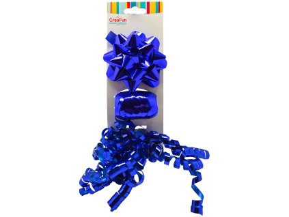 Dárková sada metalická modrá, 3 ks (mašle 9 cm, stuha 10 m, mašlička 6 mm)