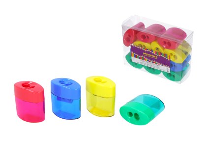 Ořezávátko na dvě tužky se zásobníkem průhledné - 4 barvy