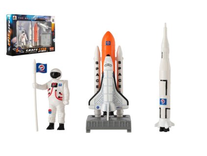 Sada vesmír 6ks kov/plast astronaut, raketoplán s doplňky v krabičce 25x17x4,5cm
