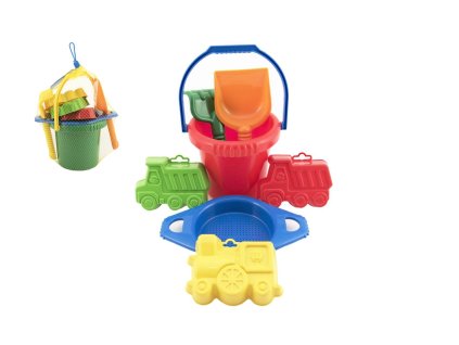 Kbelík sítko lopatka hrabičky 3 bábovky plast v síťce 20x28x12cm 12m+