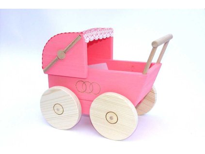 Dřevěný kočárek pro panenky růžový